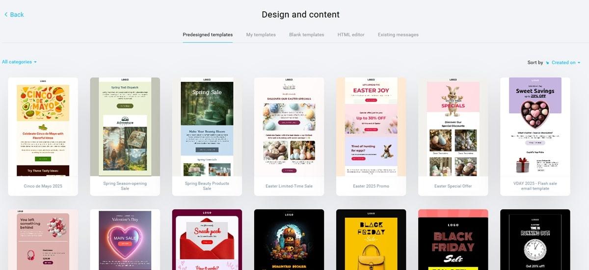 GetResponse email marketing platform dashboard showing drag-and-drop email builder interface with customizable templates and design tools for hotel marketing campaigns